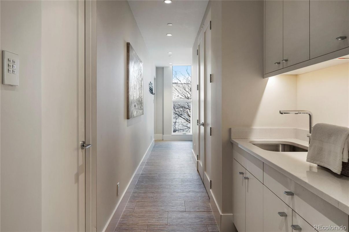 Interior, Marble Walls, Recessed Lighting, Wood Texture Flooring