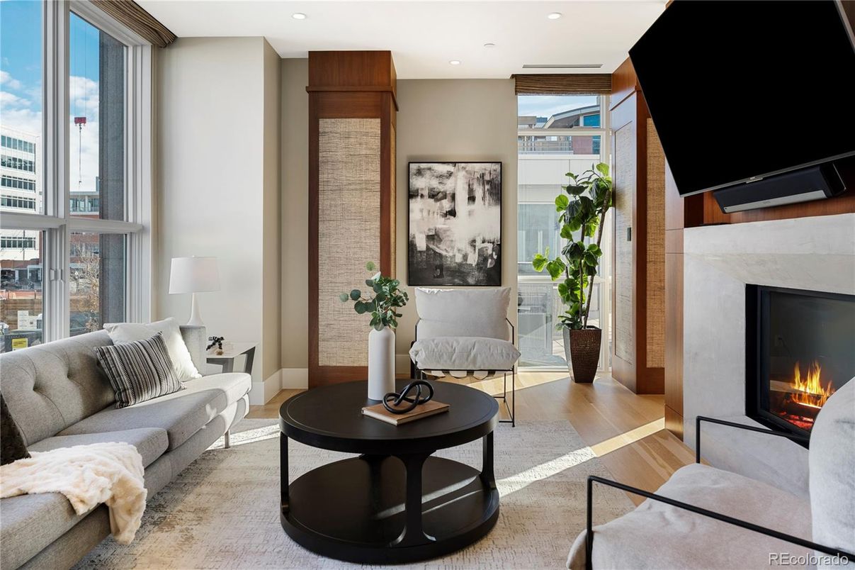 Fireplace, Interior, Living room, Recessed Lighting, Wood Texture Flooring