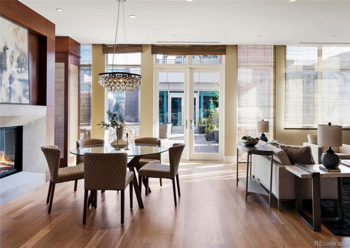 Chandelier, Dining room, Fireplace, Interior, Pendant Lights, Recessed Lighting, Wood Texture Flooring