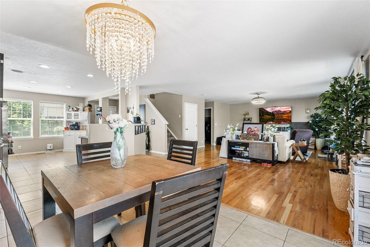 Chandelier, Dining room, Interior, Living room, Recessed Lighting, Wood Texture Flooring