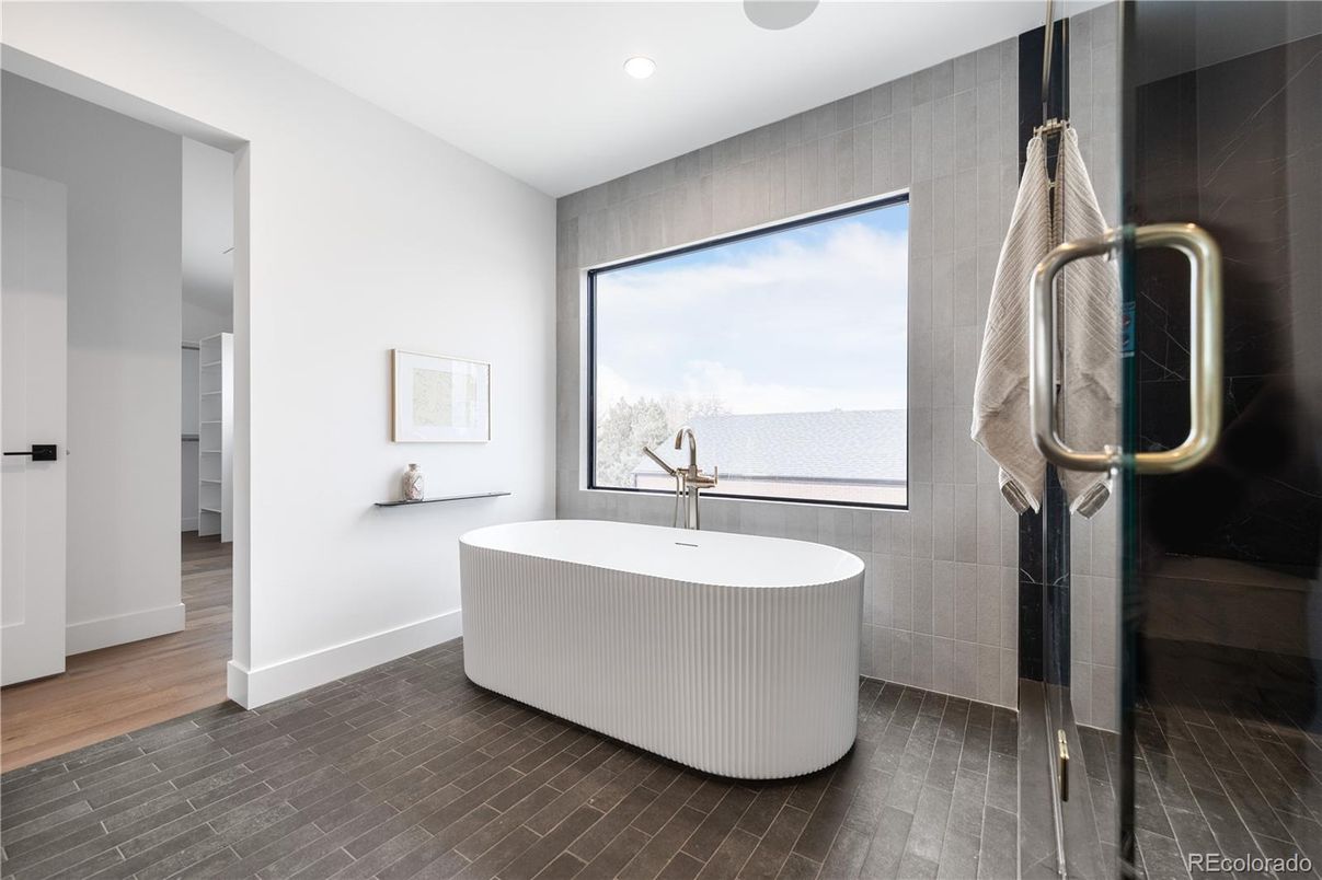 Bathroom, Free Standing Baths, Glass Shower, Interior, Recessed Lighting, Water, Wood Texture Flooring