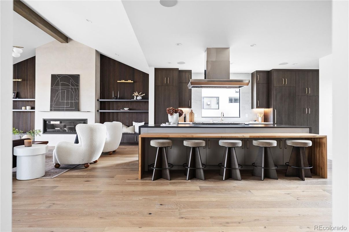 Fireplace, Interior, Kitchen, Living room, Recessed Lighting, Wooden Beams, Wood Texture Flooring