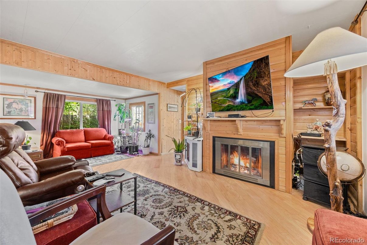 Fireplace, Interior, Living room, Wood Texture Flooring, Wooden Walls