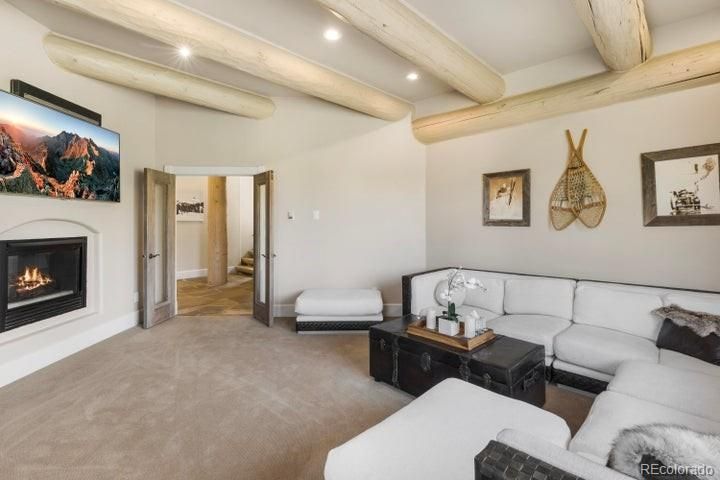 Fireplace, Interior, Living room, Recessed Lighting, Wooden Beams