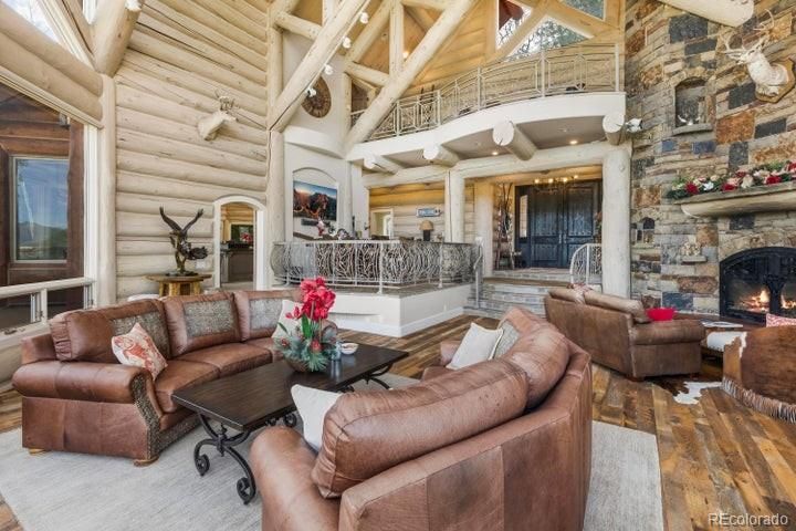 Fireplace, Interior, Living room, Recessed Lighting, Stone Walls, Wooden Ceilings, Wood Texture Flooring, Wooden Walls