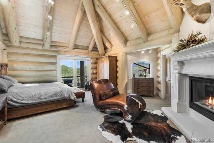 Bedroom, Fireplace, Interior, Recessed Lighting, Wooden Beams, Wooden Ceilings, Wooden Walls