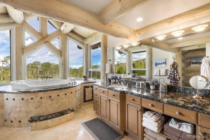 Bathroom, Dual Sink Vanities, Interior, Recessed Lighting, Wooden Beams