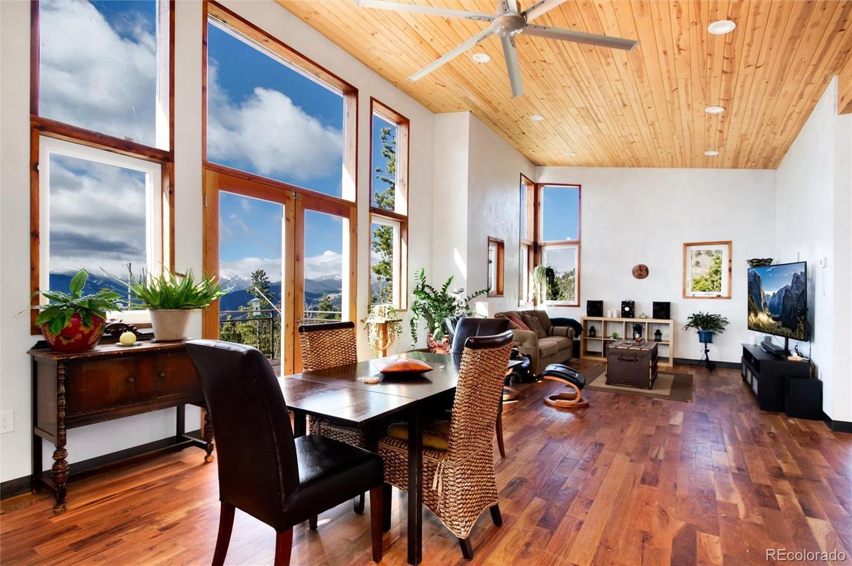 Dining room, Interior, Living room, Recessed Lighting, Wooden Ceilings, Wood Texture Flooring