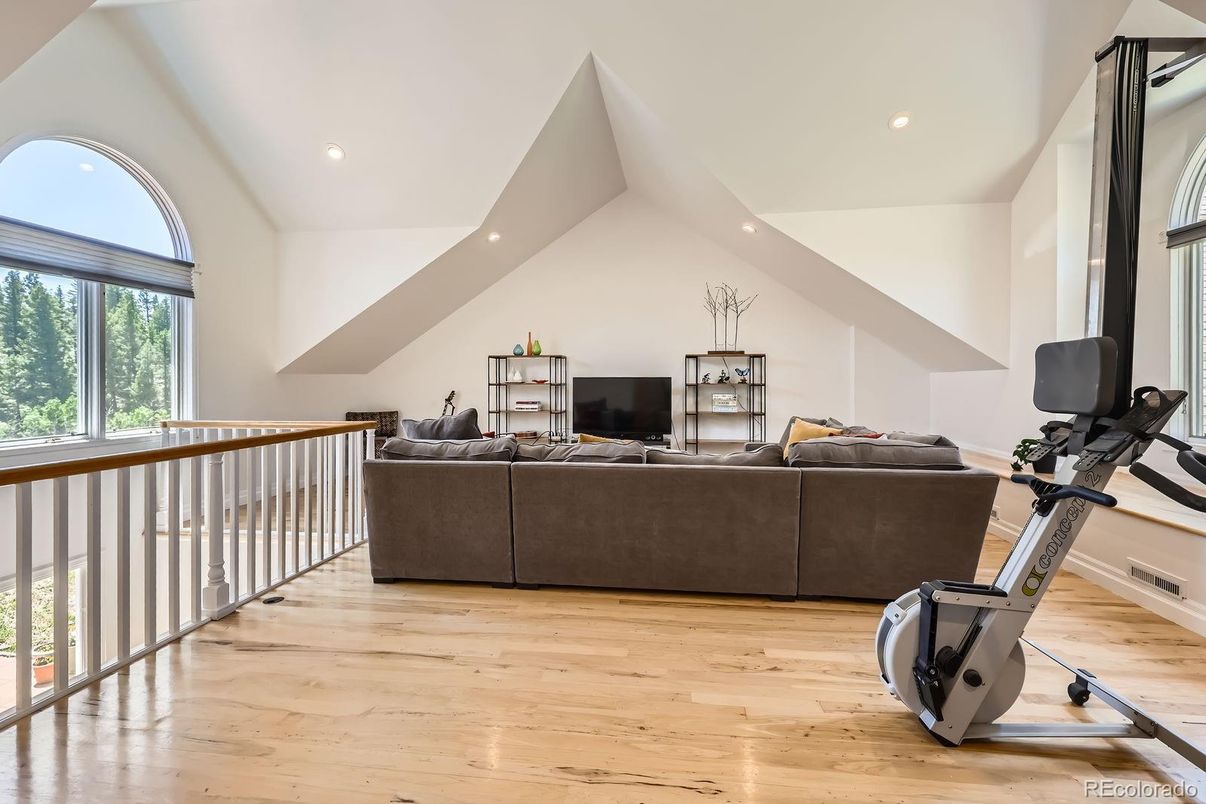 Fitness Equipment, Interior, Living room, Recessed Lighting, Wood Texture Flooring