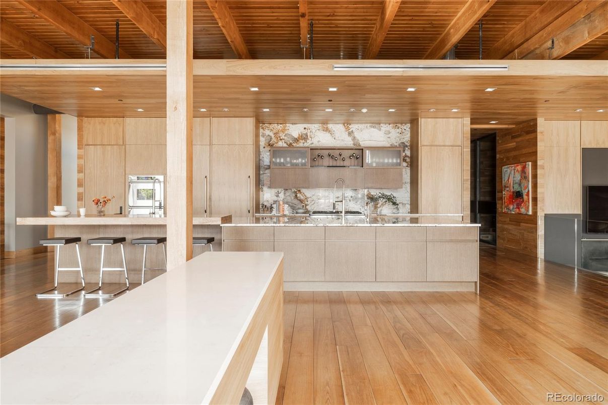 Interior, Kitchen, Recessed Lighting, Wooden Beams, Wooden Ceilings, Wood Texture Flooring, Wooden Walls