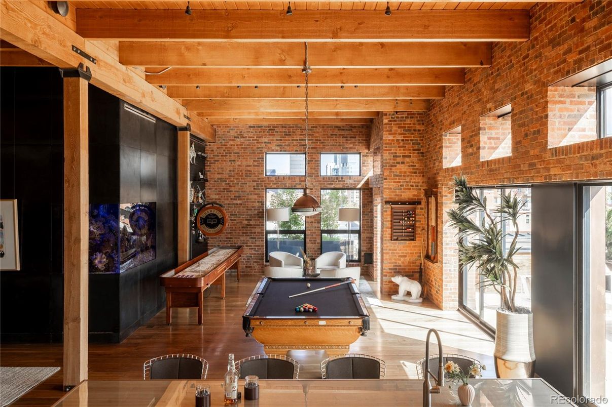 Billiard Table, Game Room, Interior, Pendant Lights, Stone Walls, Wooden Beams, Wooden Ceilings, Wood Texture Flooring