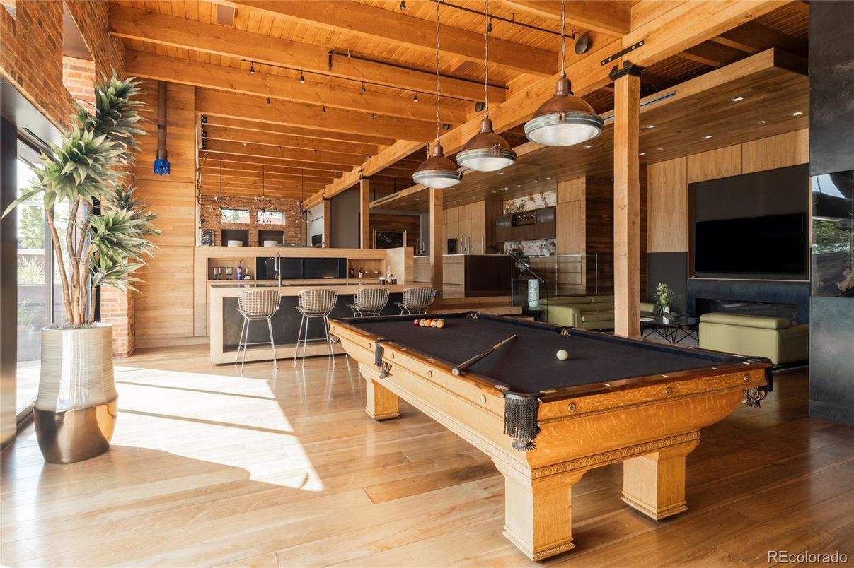 Billiard Table, Game Room, Interior, Pendant Lights, Recessed Lighting, Wooden Beams, Wooden Ceilings, Wood Texture Flooring, Wooden Walls