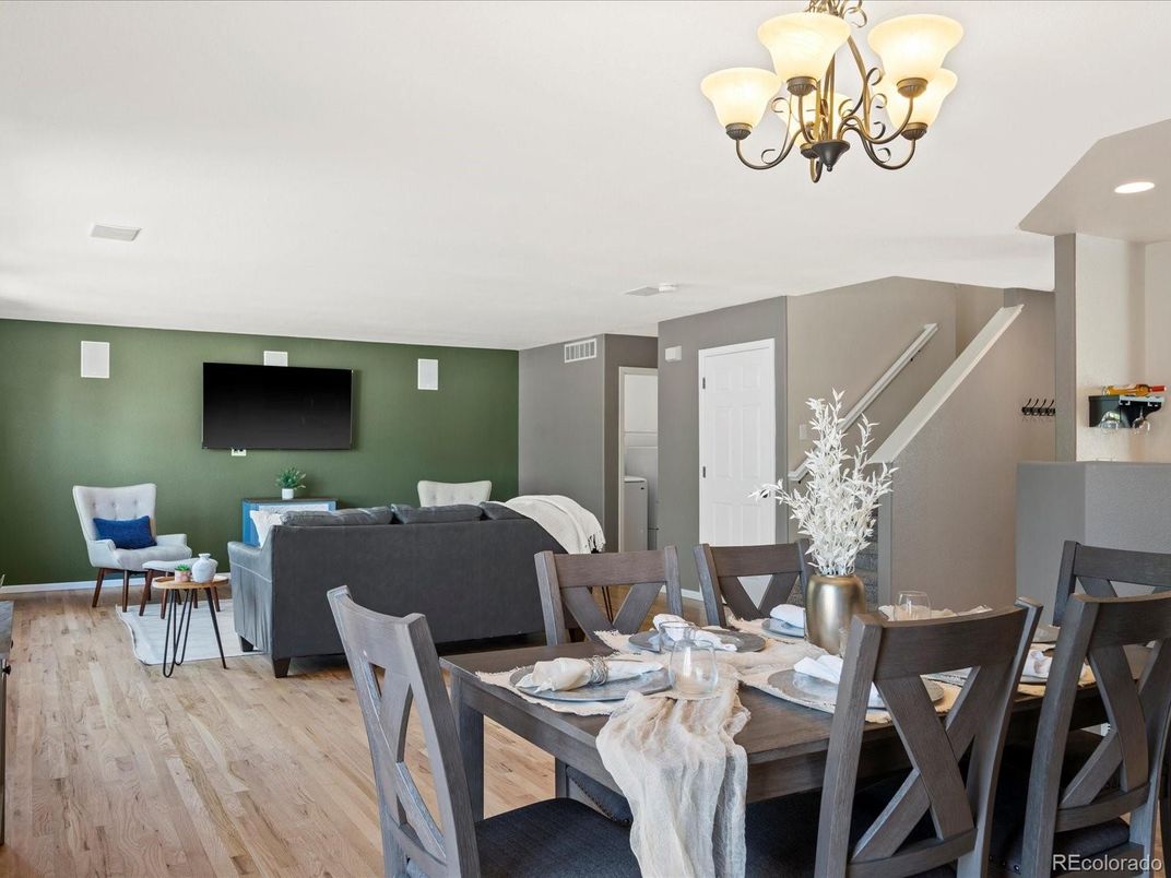Chandelier, Dining room, Interior, Living room, Recessed Lighting, Wood Texture Flooring