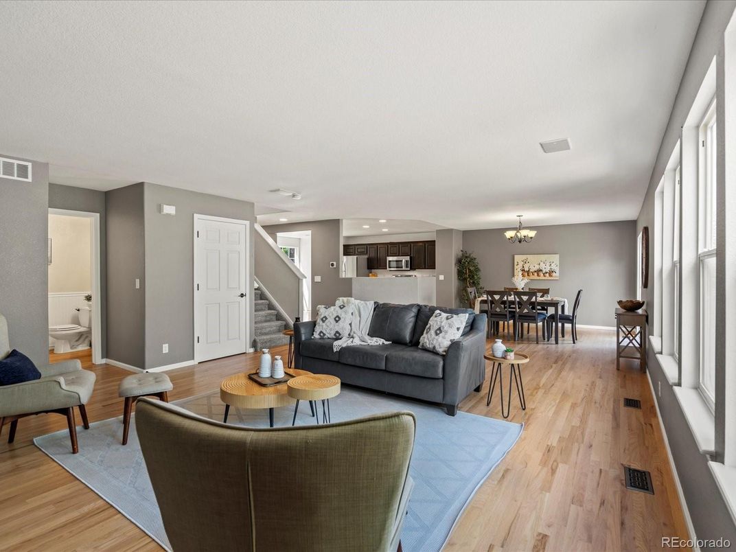 Chandelier, Dining room, Interior, Kitchen, Living room, Recessed Lighting, Wood Texture Flooring