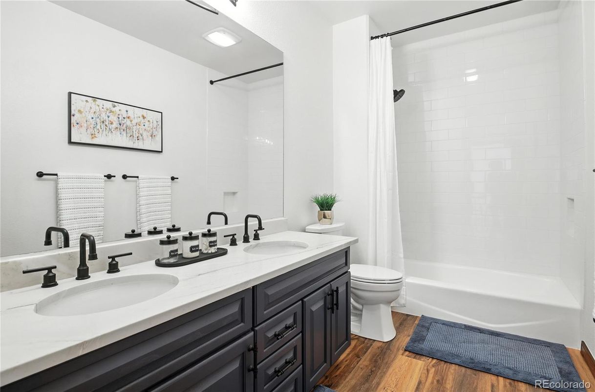 Bathroom, Dual Sink Vanities, Interior, Recessed Lighting, Wood Texture Flooring