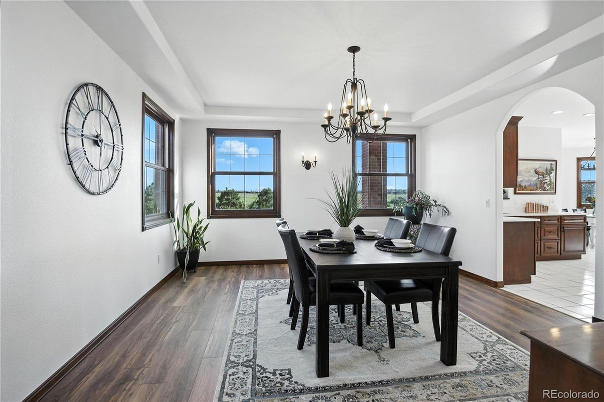 Chandelier, Dining room, Interior, Wood Texture Flooring