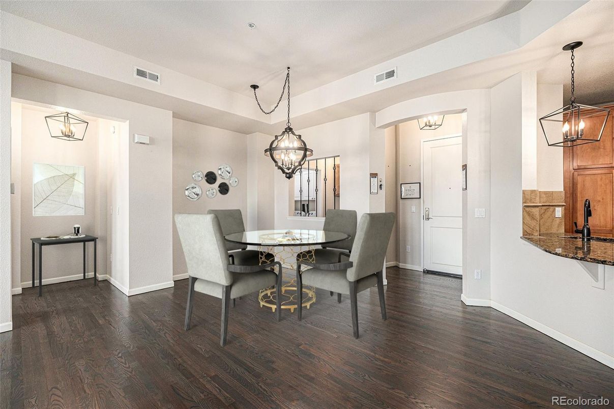 Dining room, Interior, Pendant Lights, Wood Texture Flooring
