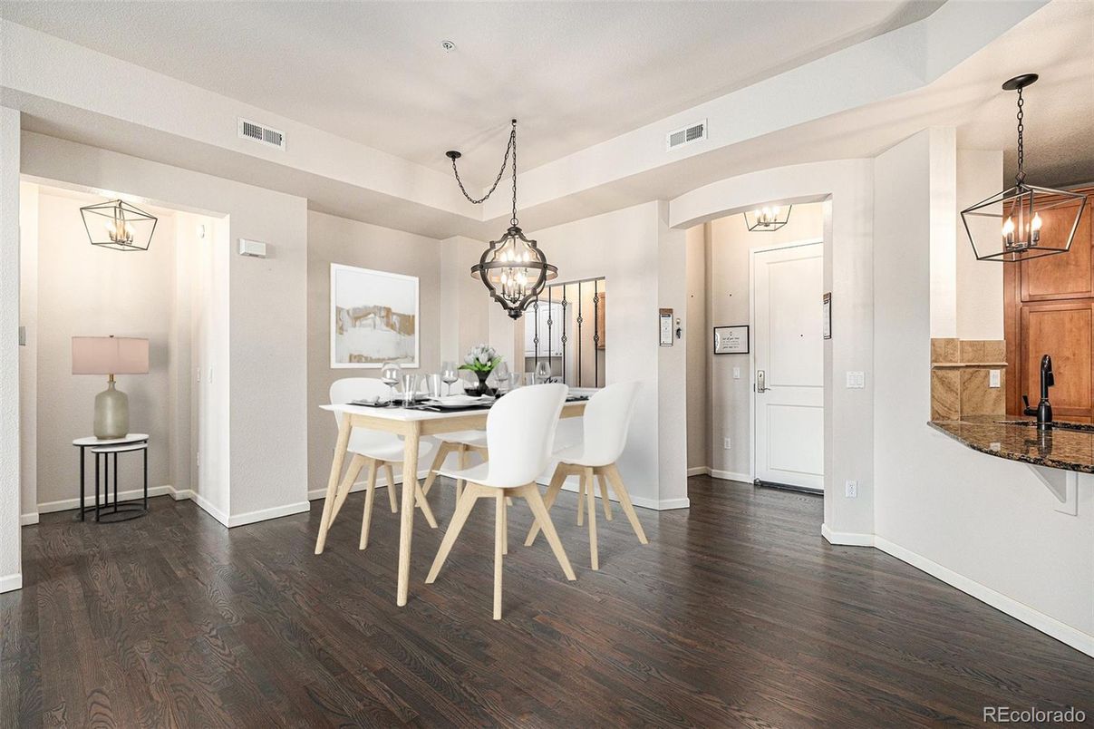 Dining room, Interior, Pendant Lights, Wood Texture Flooring