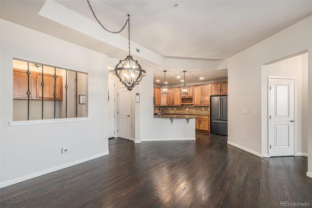 Chandelier, Interior, Kitchen, Pendant Lights, Recessed Lighting, Wood Texture Flooring