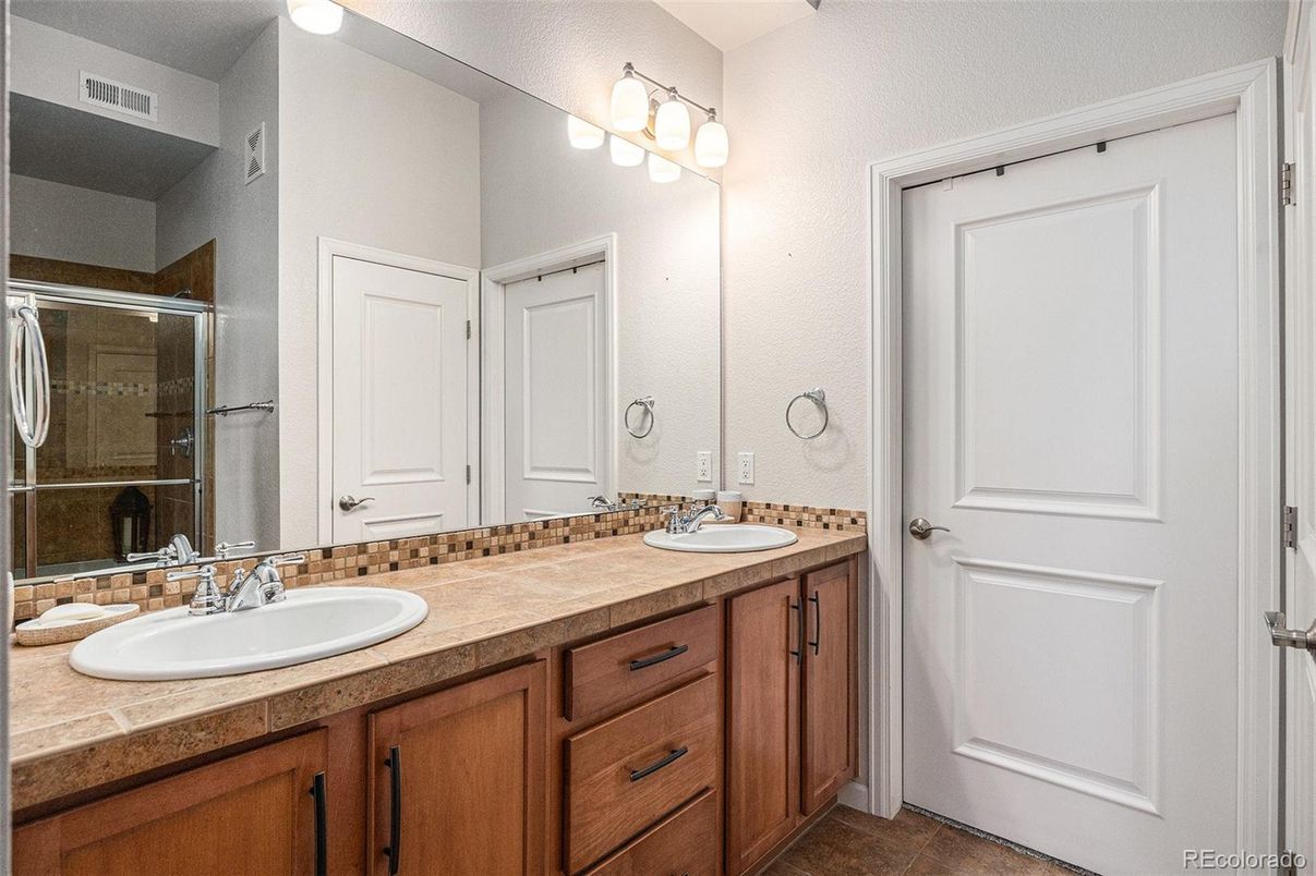 Bathroom, Dual Sink Vanities, Glass Shower, Interior, Tile Countertops