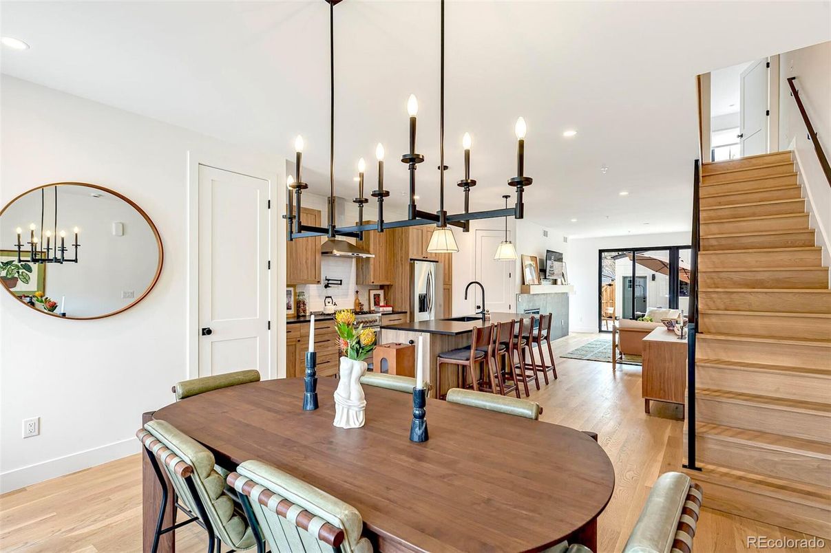 Dining room, Interior, Kitchen, Pendant Lights, Recessed Lighting, Stainless Steel Appliances, Wood Texture Flooring