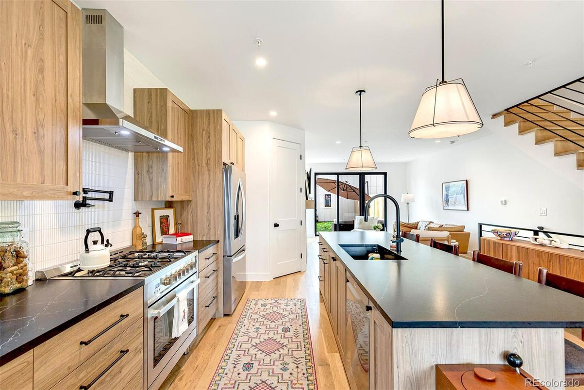 Interior, Kitchen, Pendant Lights, Recessed Lighting, Stainless Steel Appliances, Wood Texture Flooring