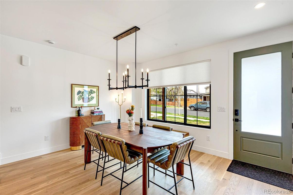 Dining room, Interior, Pendant Lights, Recessed Lighting, Wood Texture Flooring