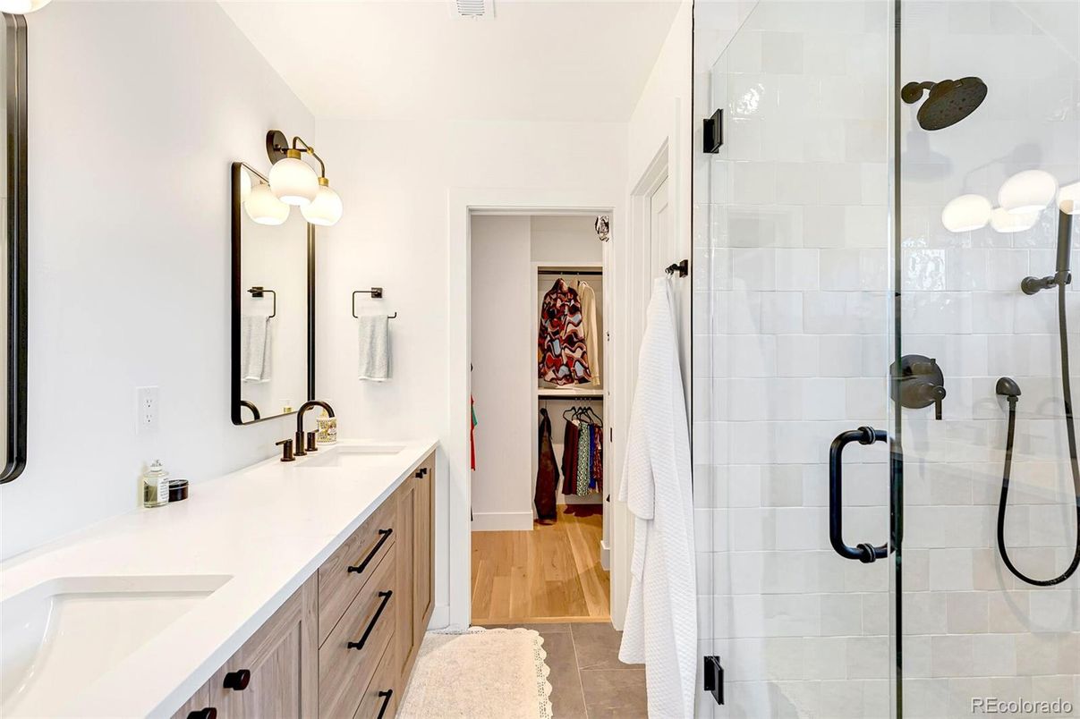 Bathroom, Dual Sink Vanities, Glass Shower, Interior, Wood Texture Flooring