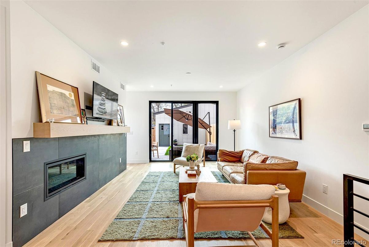 Fireplace, Interior, Living room, Recessed Lighting, Wood Texture Flooring