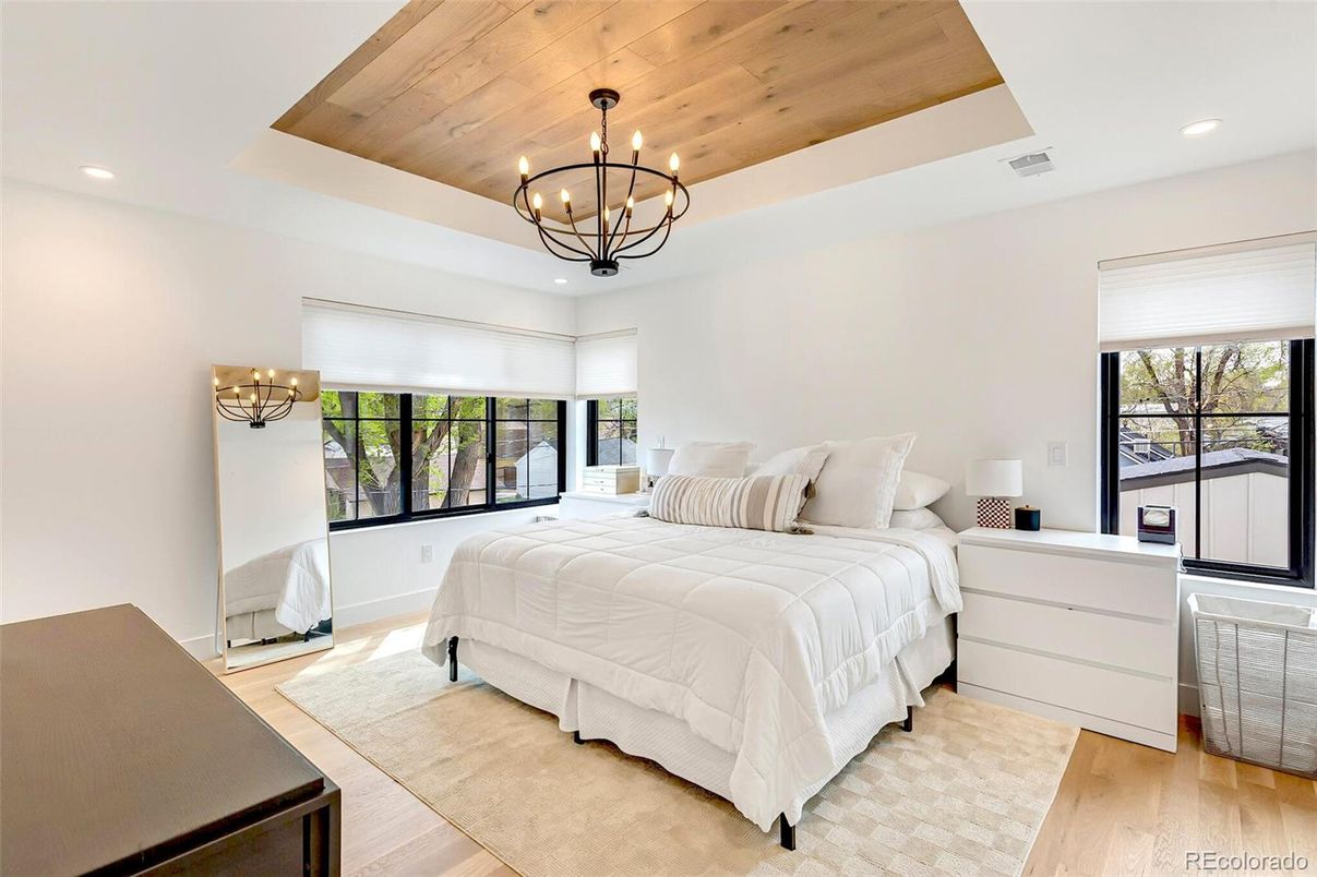 Bedroom, Chandelier, Interior, Recessed Lighting, Wooden Ceilings, Wood Texture Flooring