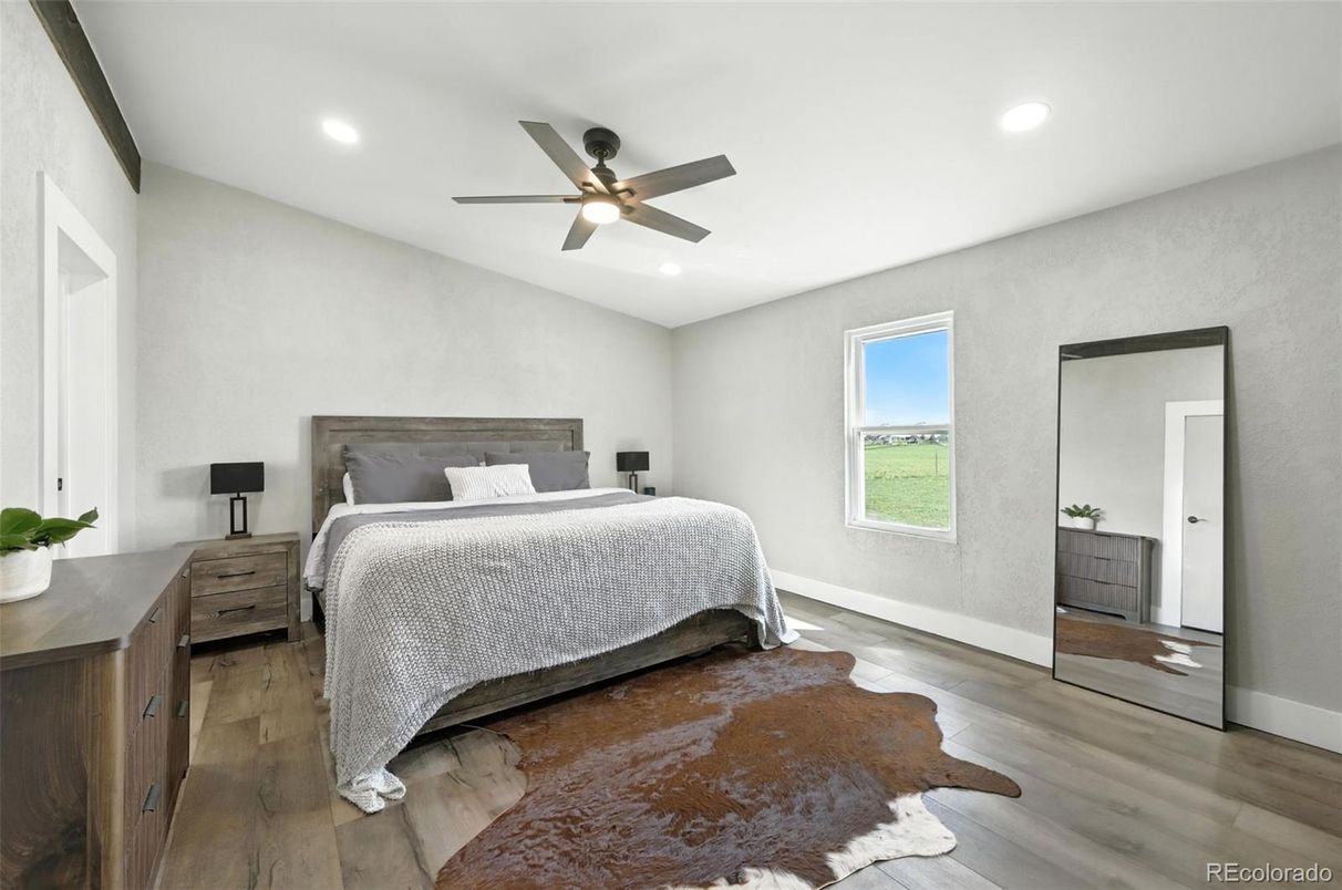 Bedroom, Interior, Recessed Lighting, Wood Texture Flooring