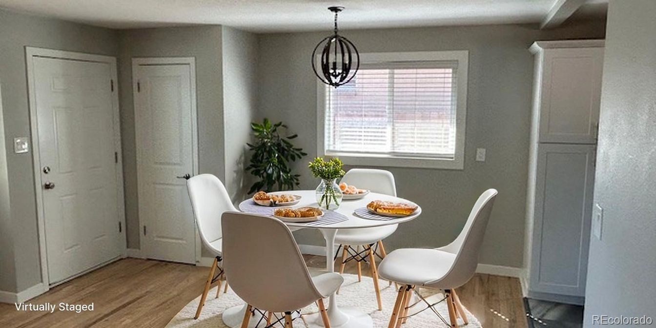 Dining room, Interior, Pendant Lights, Wood Texture Flooring