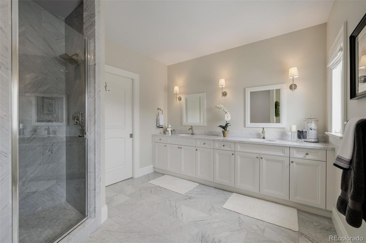 Bathroom, Dual Sink Vanities, Glass Shower, Interior, Marble, Marble Walls