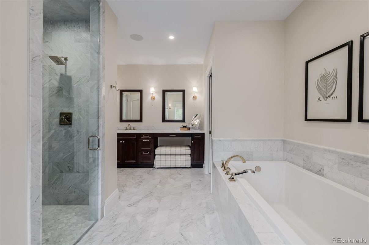 Bathroom, Glass Shower, Interior, Marble, Marble Walls, Recessed Lighting