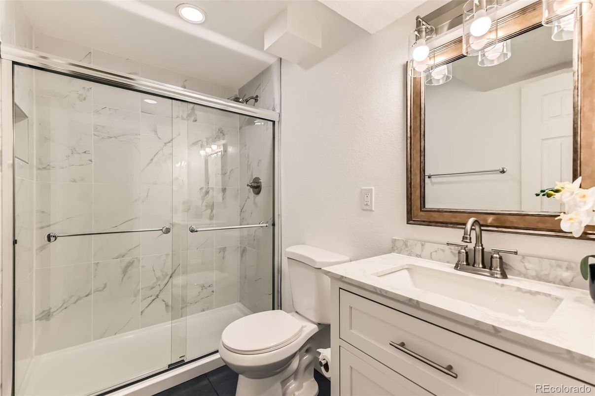 Bathroom, Glass Shower, Interior, Marble Walls, Recessed Lighting