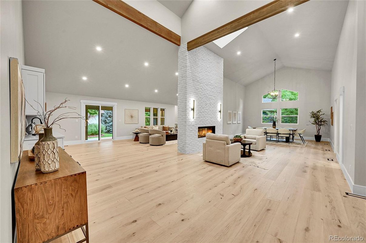 Dining room, Fireplace, Interior, Living room, Pendant Lights, Recessed Lighting, Wooden Beams, Wood Texture Flooring