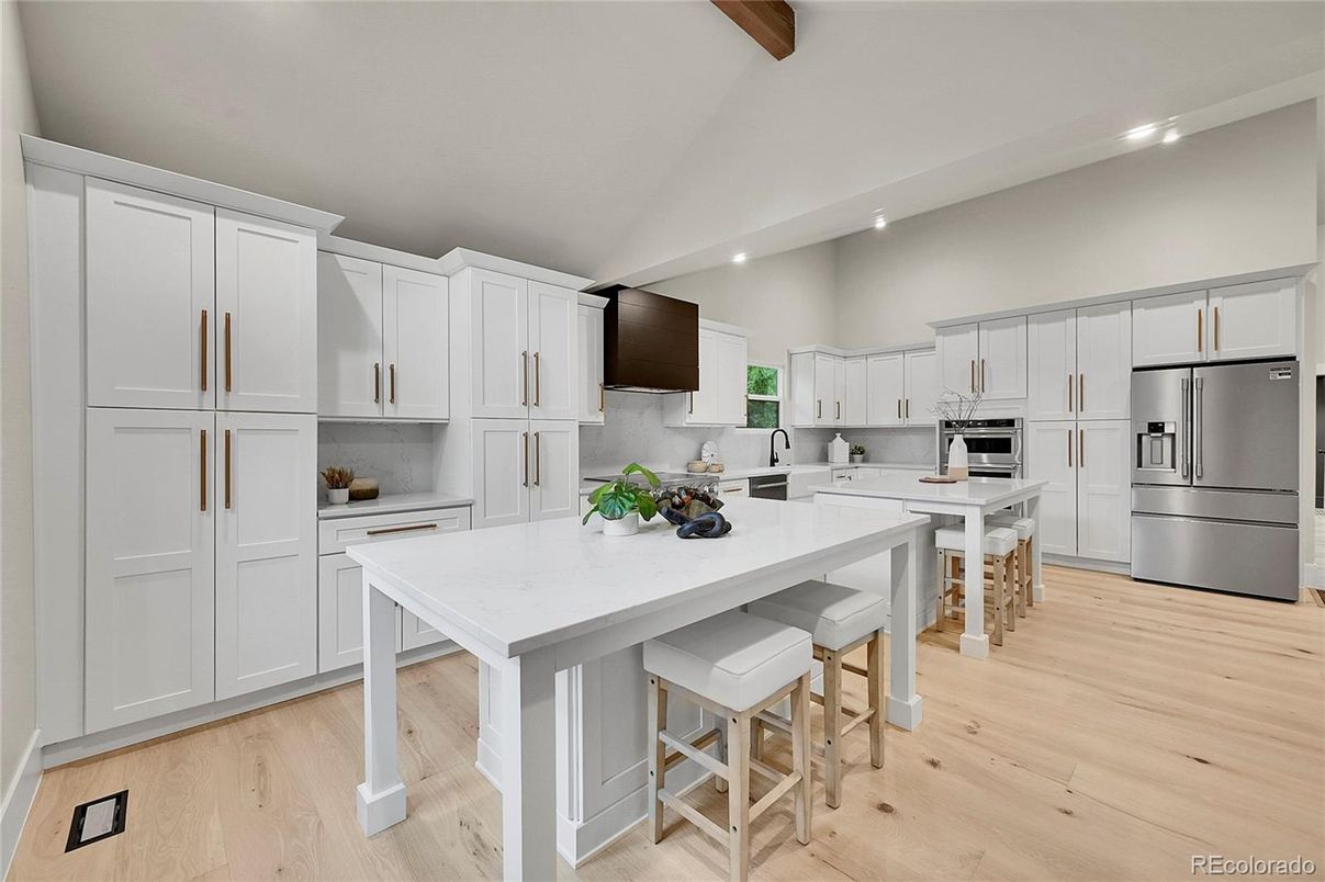 Interior, Kitchen, Recessed Lighting, Stainless Steel Appliances, Wooden Beams, Wood Texture Flooring