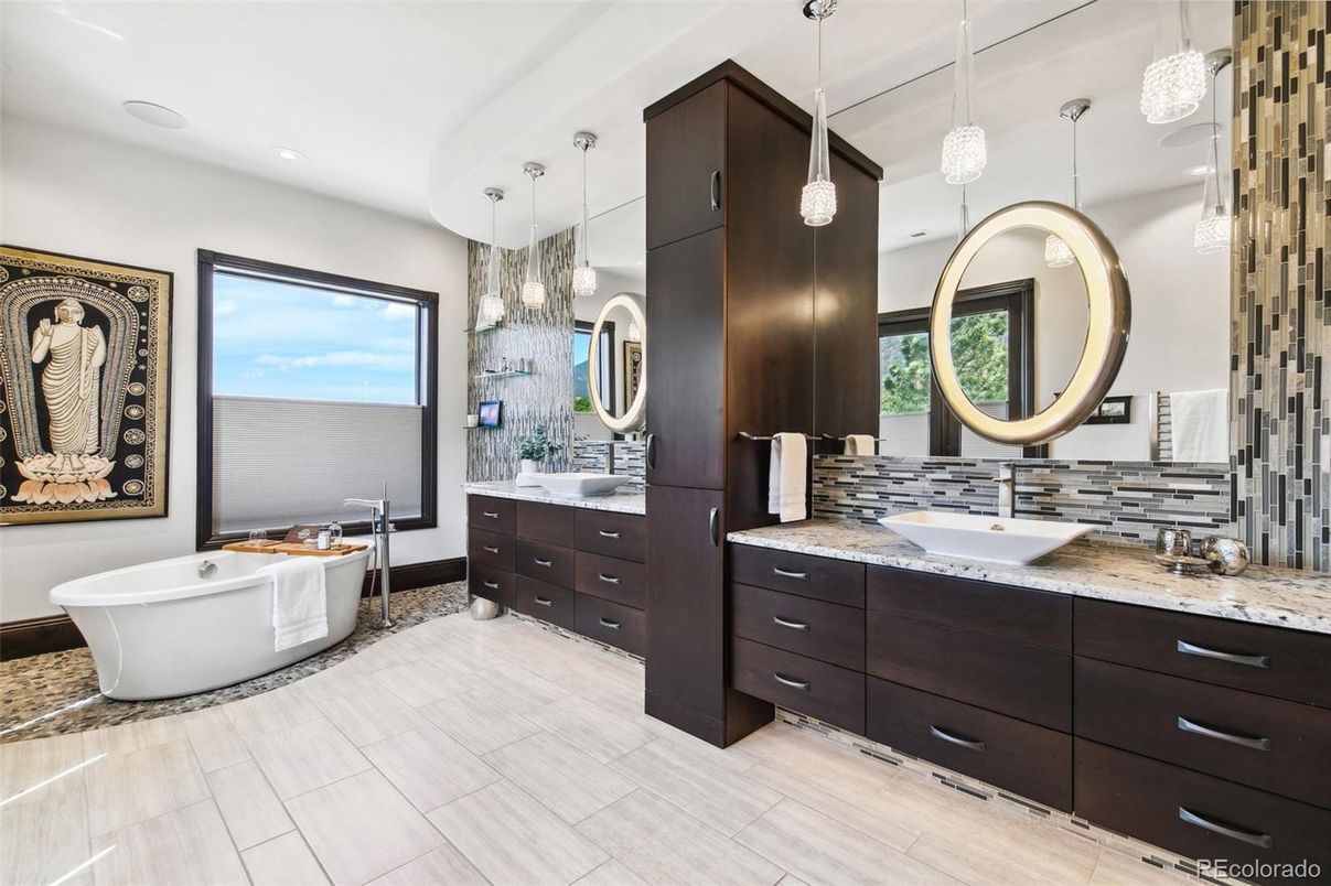 Bathroom, Dual Sink Vanities, Free Standing Baths, Interior, Pendant Lights, Recessed Lighting