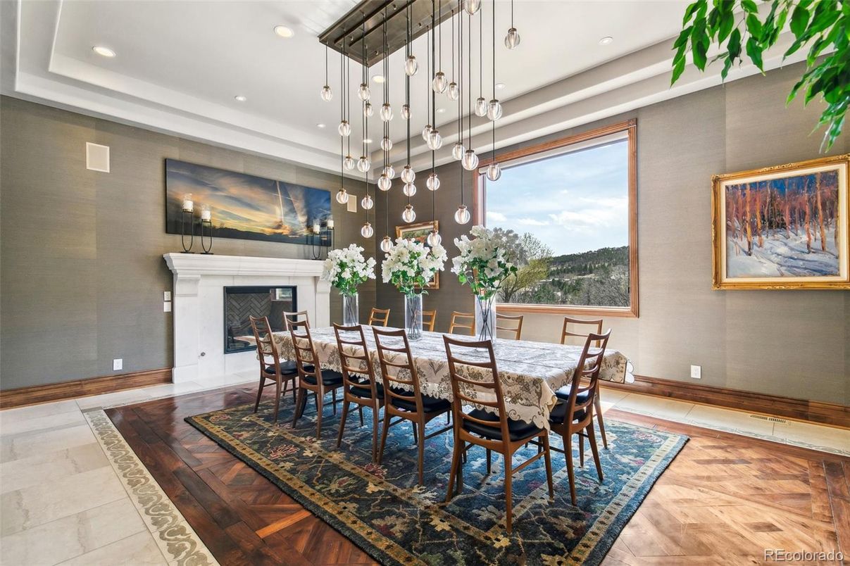 Dining room, Fireplace, Interior, Pendant Lights, Recessed Lighting, Wood Texture Flooring