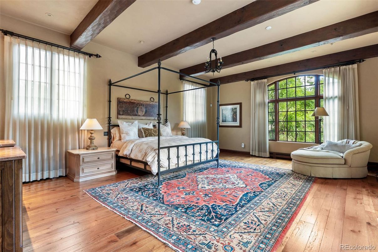 Bedroom, Interior, Recessed Lighting, Wooden Beams, Wood Texture Flooring