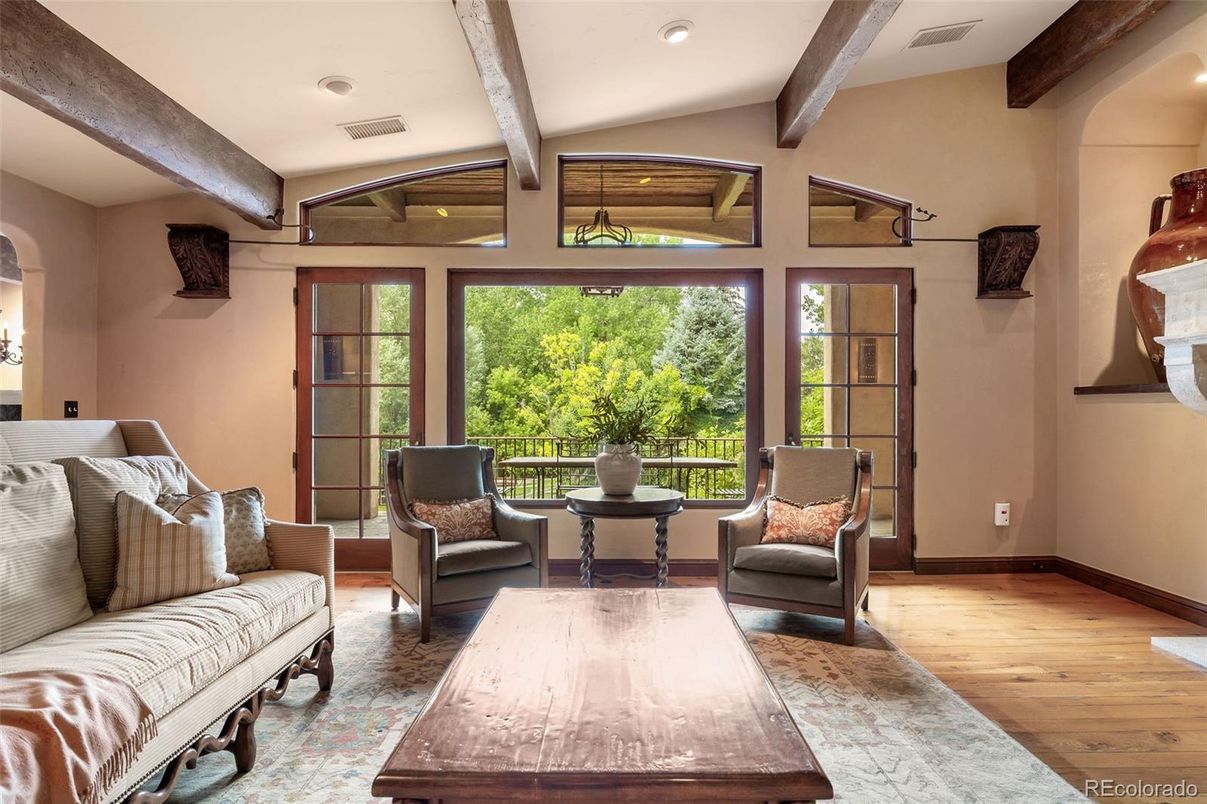 Interior, Living room, Recessed Lighting, Wooden Beams, Wood Texture Flooring