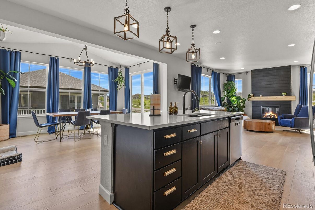 Dining room, Fireplace, Interior, Kitchen, Living room, Pendant Lights, Recessed Lighting, Wood Texture Flooring