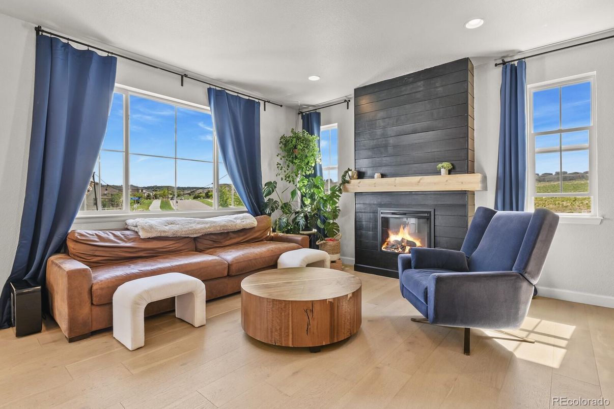 Fireplace, Interior, Living room, Recessed Lighting, Wood Texture Flooring