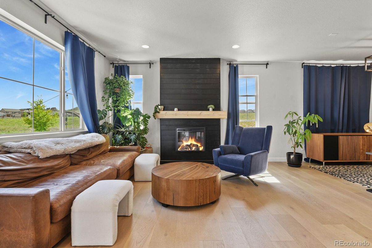 Fireplace, Interior, Living room, Recessed Lighting, Wood Texture Flooring