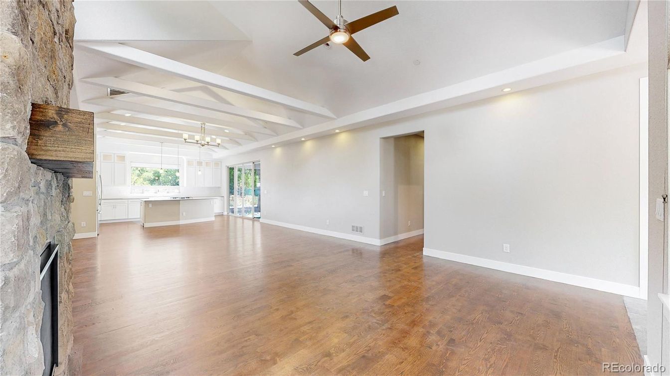 Empty room, Fireplace, Interior, Pendant Lights, Recessed Lighting, Wood Texture Flooring
