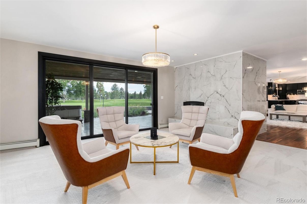 Interior, Kitchen, Living room, Marble Walls, Pendant Lights, Recessed Lighting, Wood Texture Flooring