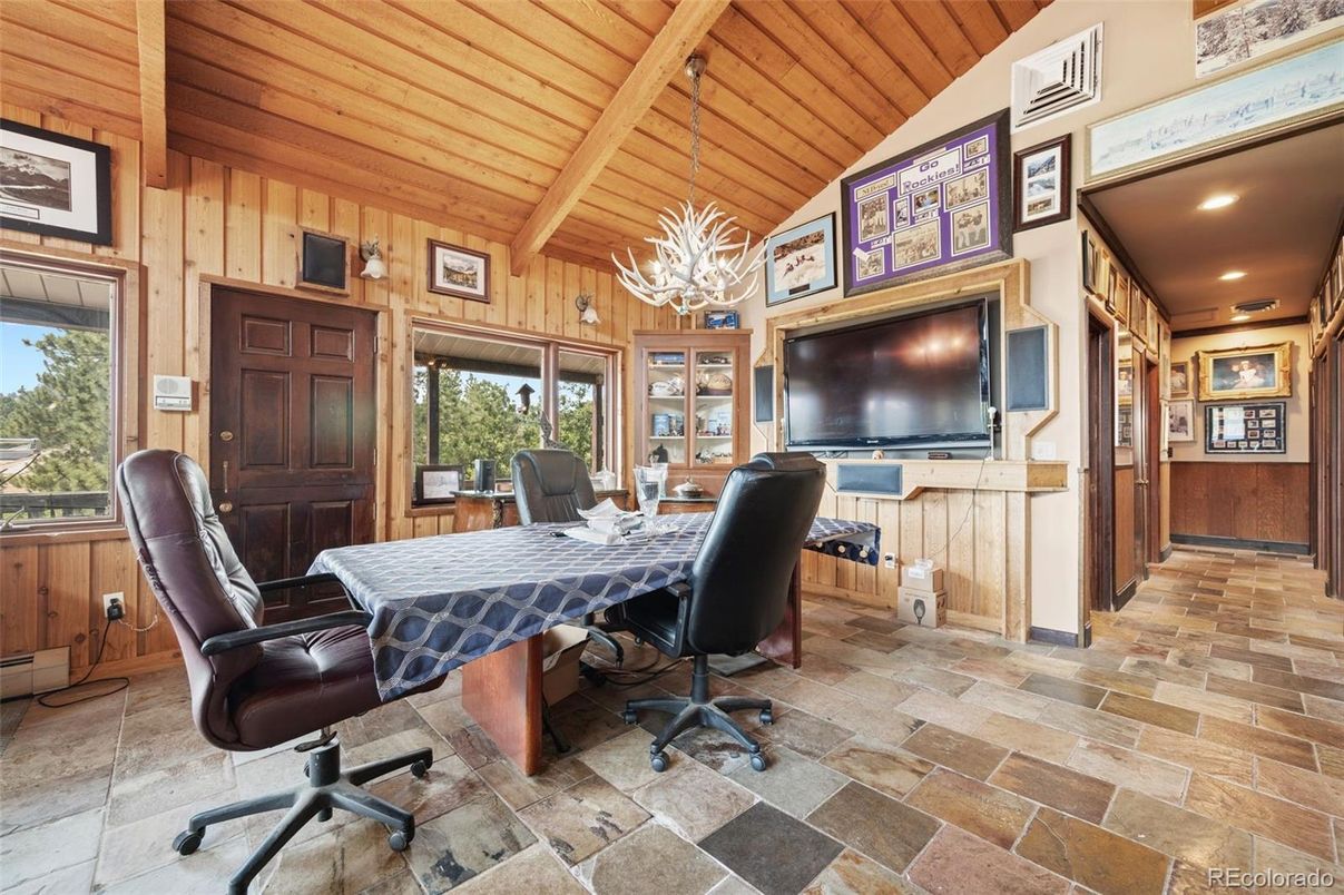 Chandelier, Home Office, Interior, Recessed Lighting, Wooden Beams, Wooden Ceilings, Wooden Walls