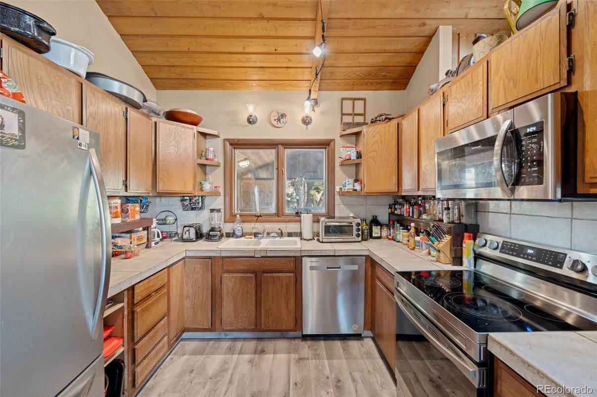 Interior, Kitchen, Pendant Lights, Stainless Steel Appliances, Wooden Ceilings, Wood Texture Flooring