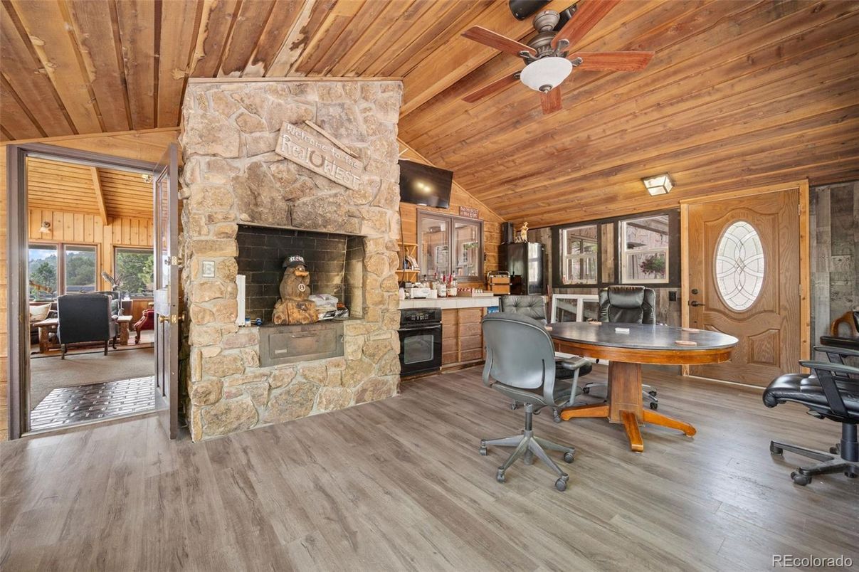 Fireplace, Home Office, Interior, Stone Walls, Wooden Ceilings, Wood Texture Flooring, Wooden Walls