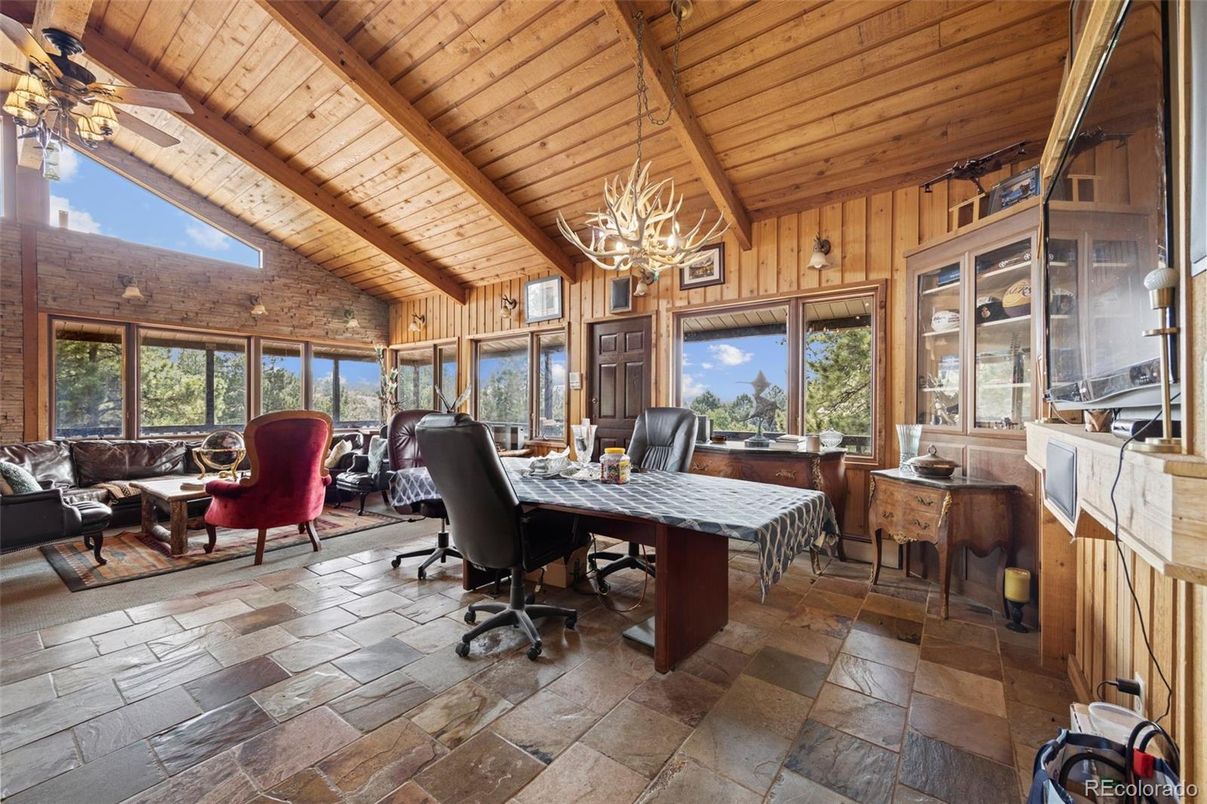 Chandelier, Home Office, Interior, Living room, Wooden Beams, Wooden Ceilings, Wooden Walls